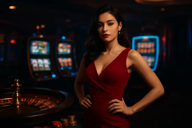 Elegant Casino Banner Beautiful woman in red dress posing by roulette and slot machines in a luxury Bangladesh casino with neon lights and gold coins