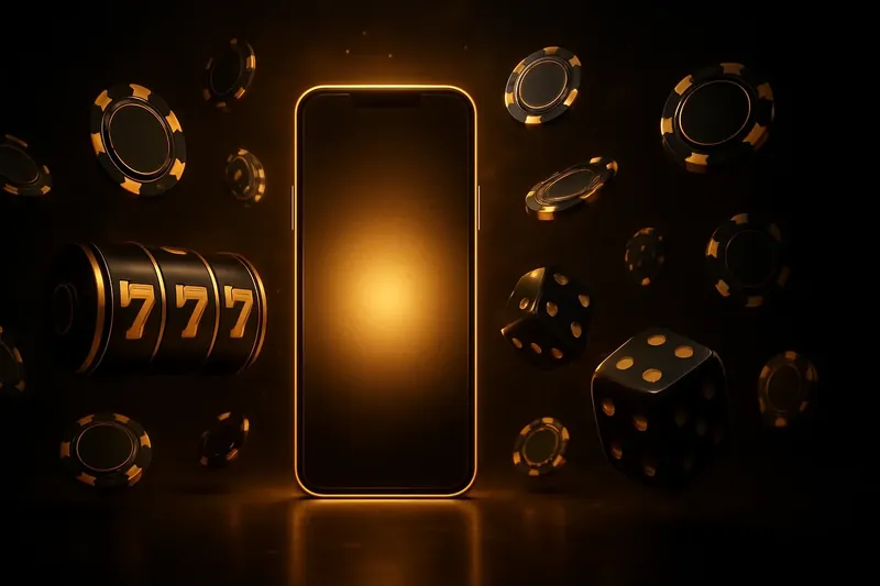 Glowing Smartphone Casino Banner Panoramic banner with glowing smartphone, casino chips, slot reels, dice, and gold accents on dark background